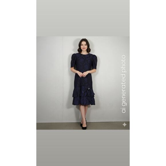 Vintage 80/90's Jessica Howard Dress 16 Blk/Prpl Prom Puff Sleeve Tiered Ruffle - Picture 1 of 15